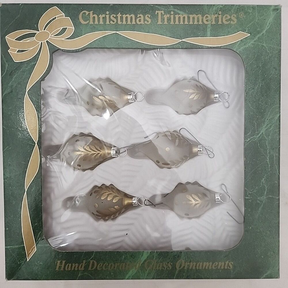 Hand Decorated Teardrop Gold & White Frosted Glass Christmas Ornaments Bradford
